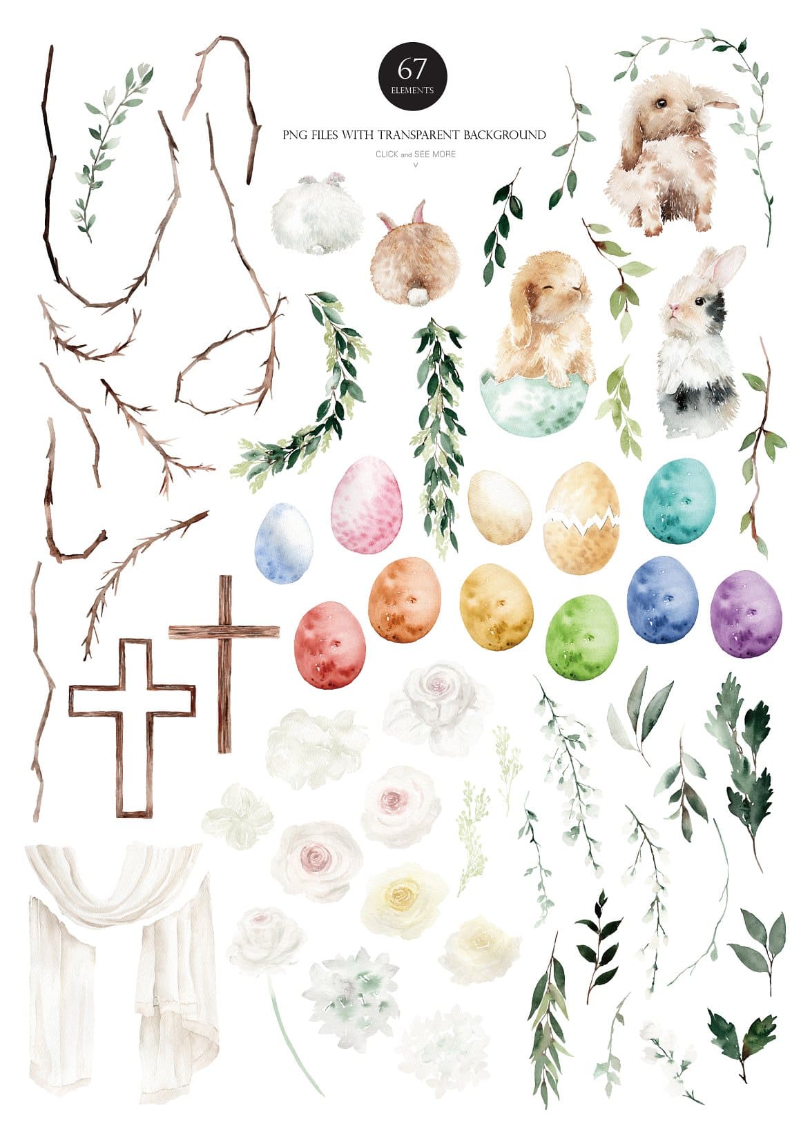 Clipart Easter inscription: "67 Elements, PNG files with Transparent Background".