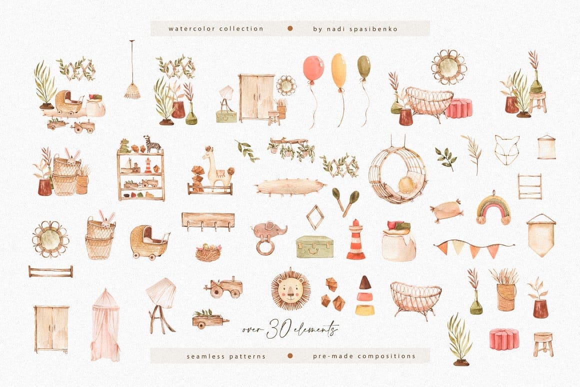 Over 25 compositions of watercolor nursery.