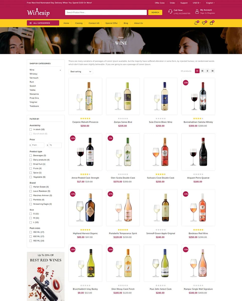 Catalog page with wine on site Winesip.