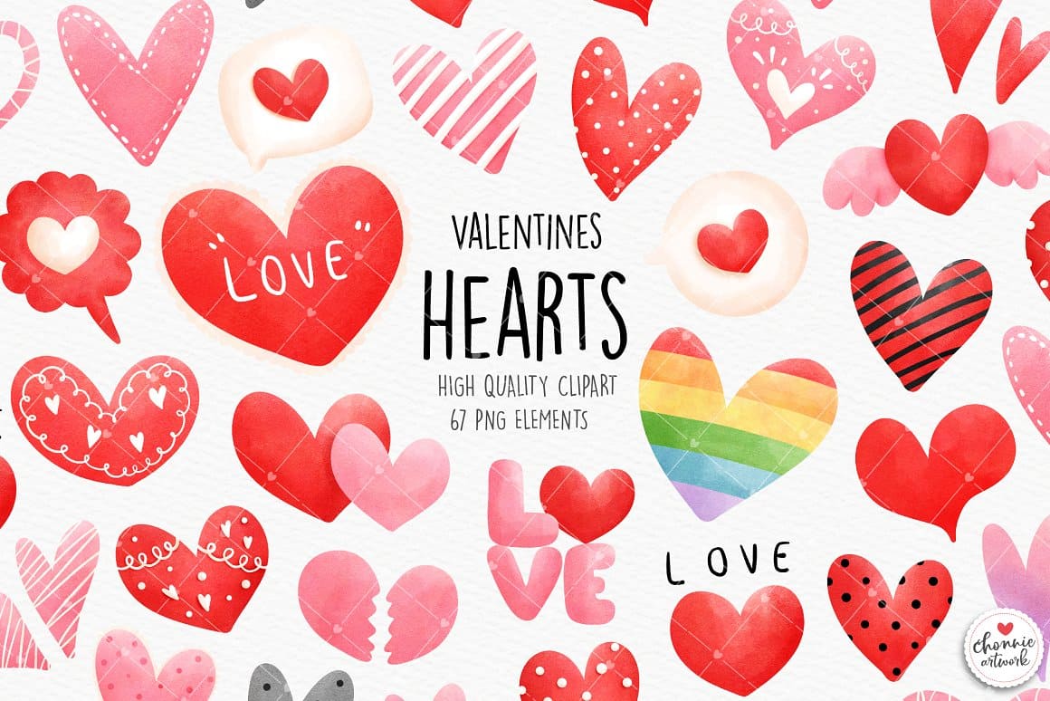 Valentine's Hearts, High Quality Clipart, 67 PNG Elements.