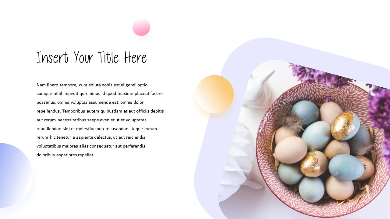 The plate contains decorative feathers and blue, beige and gold Easter eggs.
