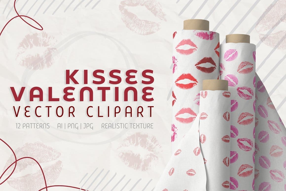 Kisses Valentine vector clipart, 12 patterns AI, PNG, JPG, realistic texture.