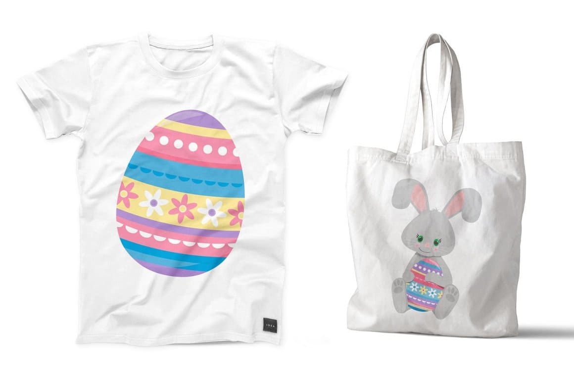 Easter bunny on a white bag and an egg on a white t-shirt.