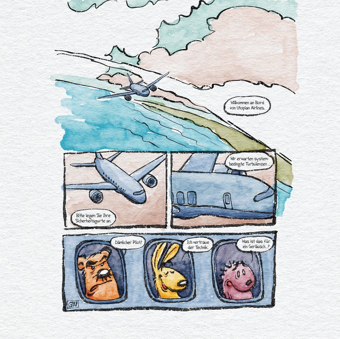 Watercolor comic about a plane and passengers.