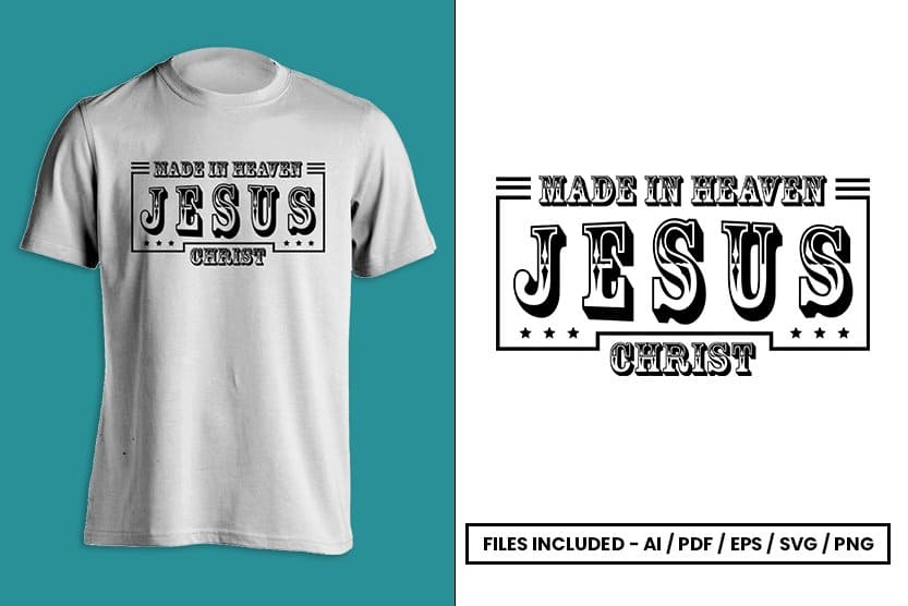 Black logo Jesus Christ on a white t-shirt with a turquoise background.