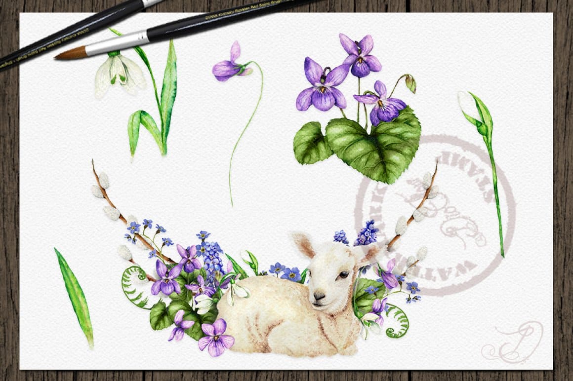 Watercolor drawing of spring flowers and Easter lamb on a white background.