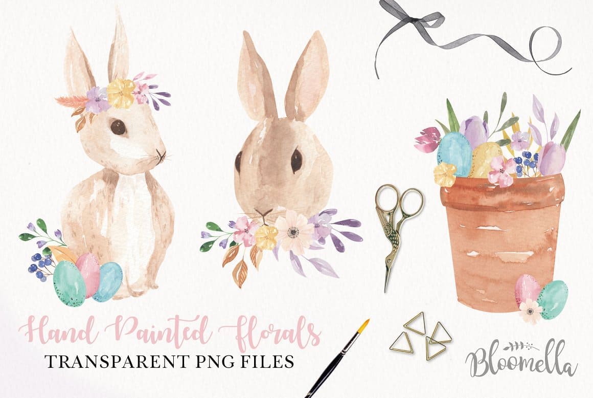 Compositions of flowers, eggs and rabbits for Easter.