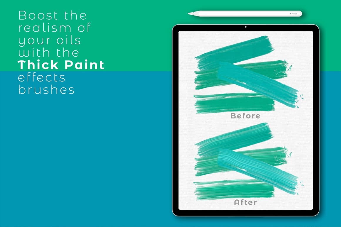Inscription in green and blue background: "Boost the realism of your oils with the Thick Paint effects brushes".