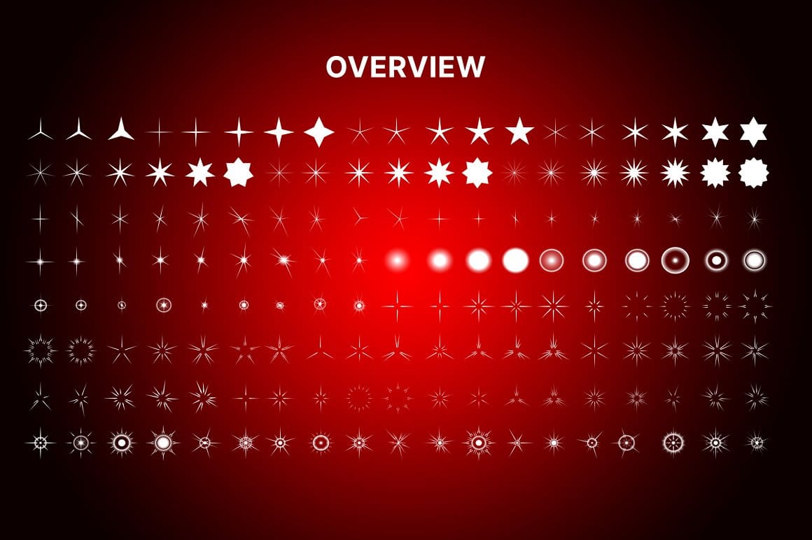 Stars and sparkles brushes, Overview 152 icons on red background.