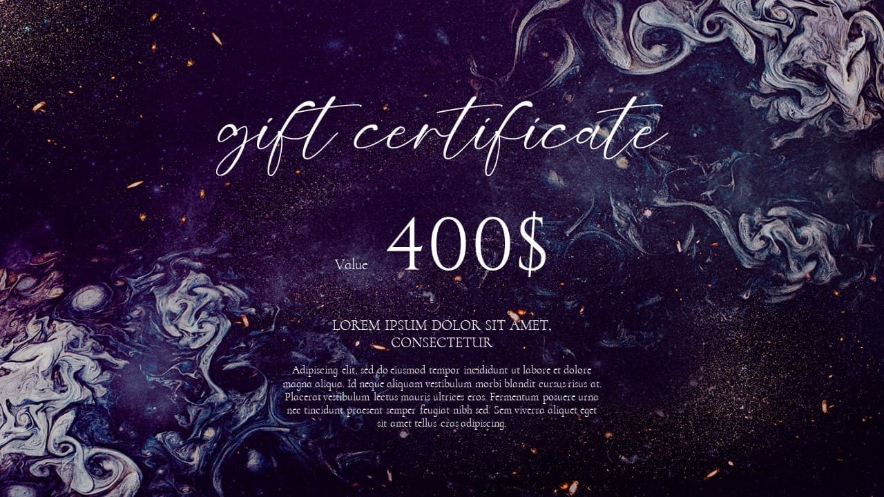 Powerpoint gift certificate 400$ template picture 1280x720, slide 2.