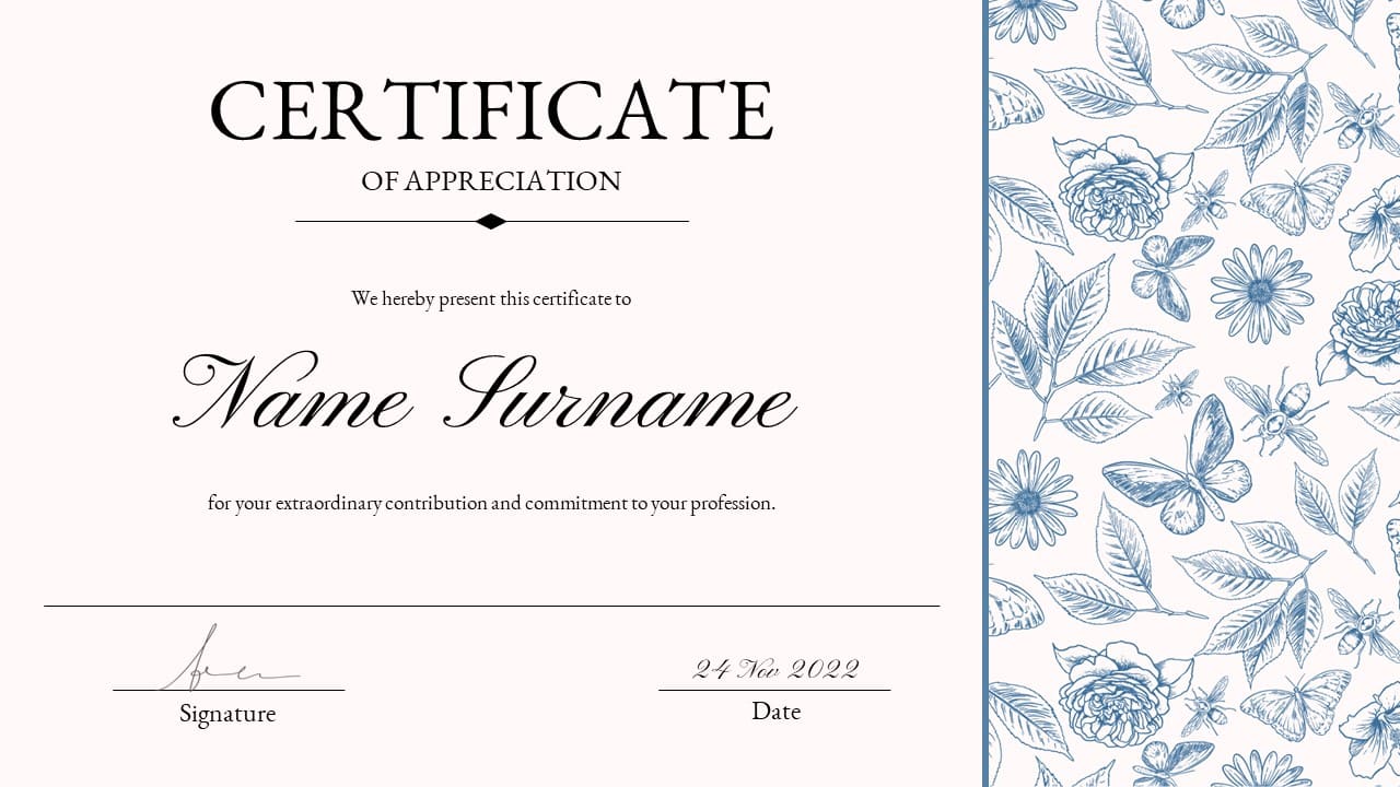 Certificate of appreciation close-up in white and blue flowers with insects.