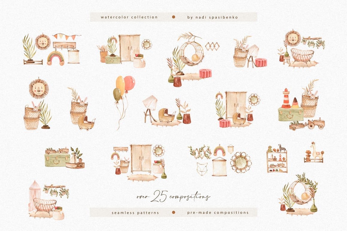 Over 30 elements of Nursery watercolor collection.