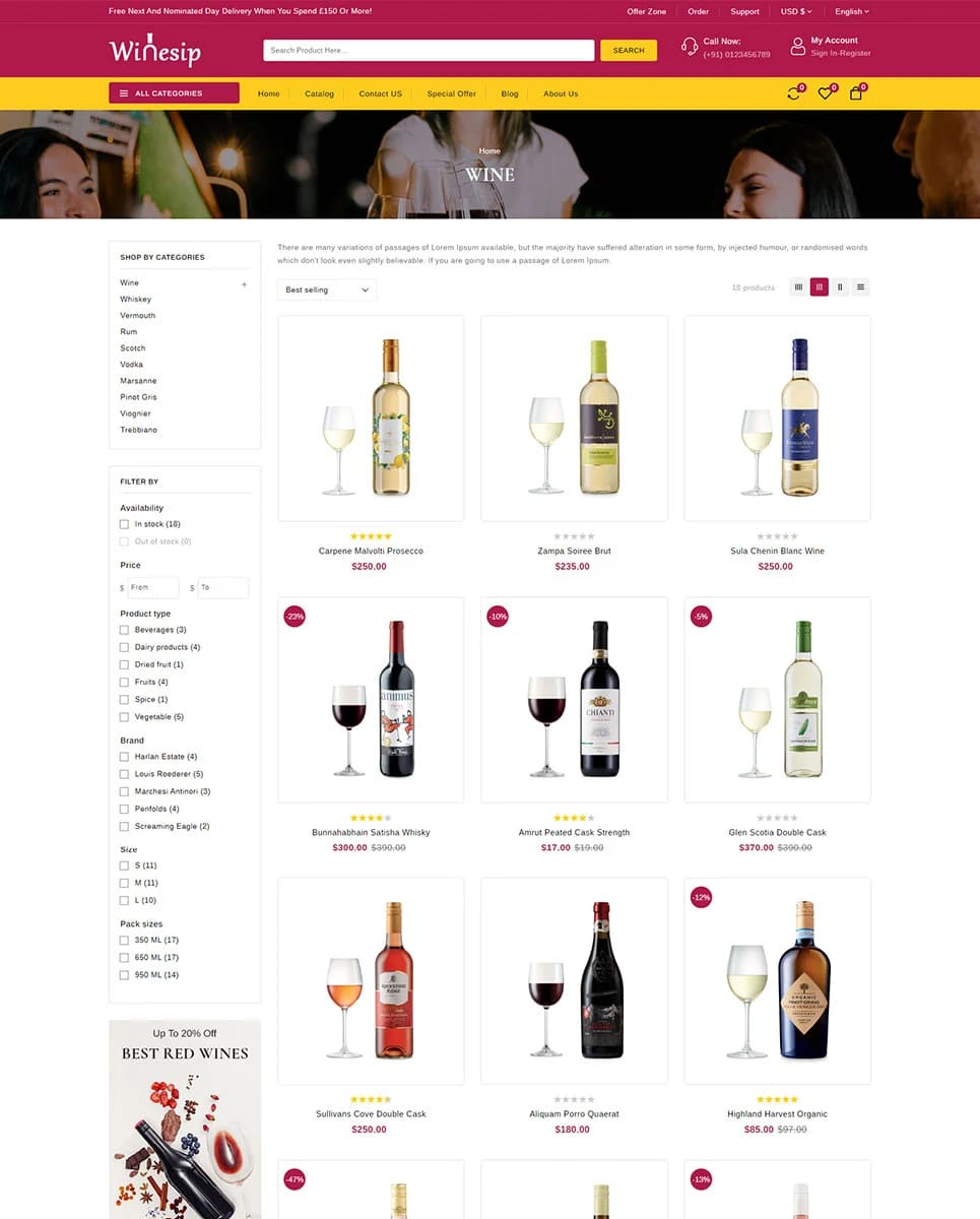9 types of wine on the catalog page of the Winesip website.
