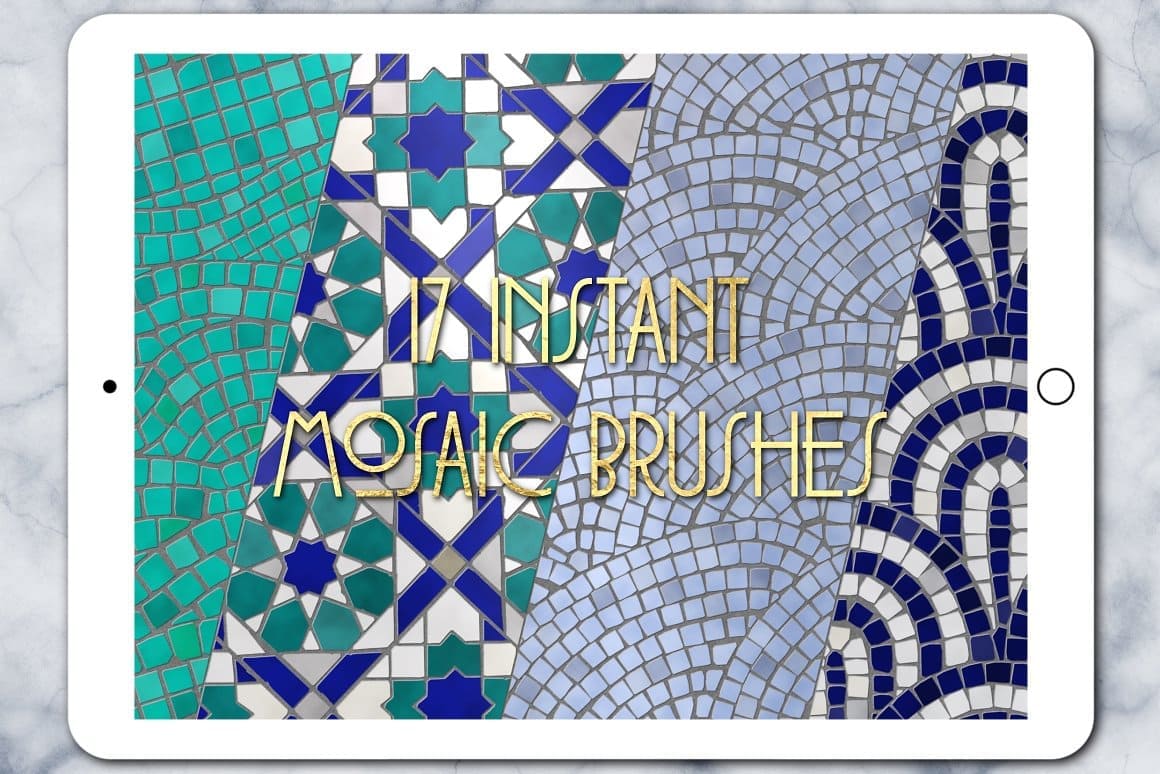 On the tablet screen: 17 Instant Mosaic Brushes.