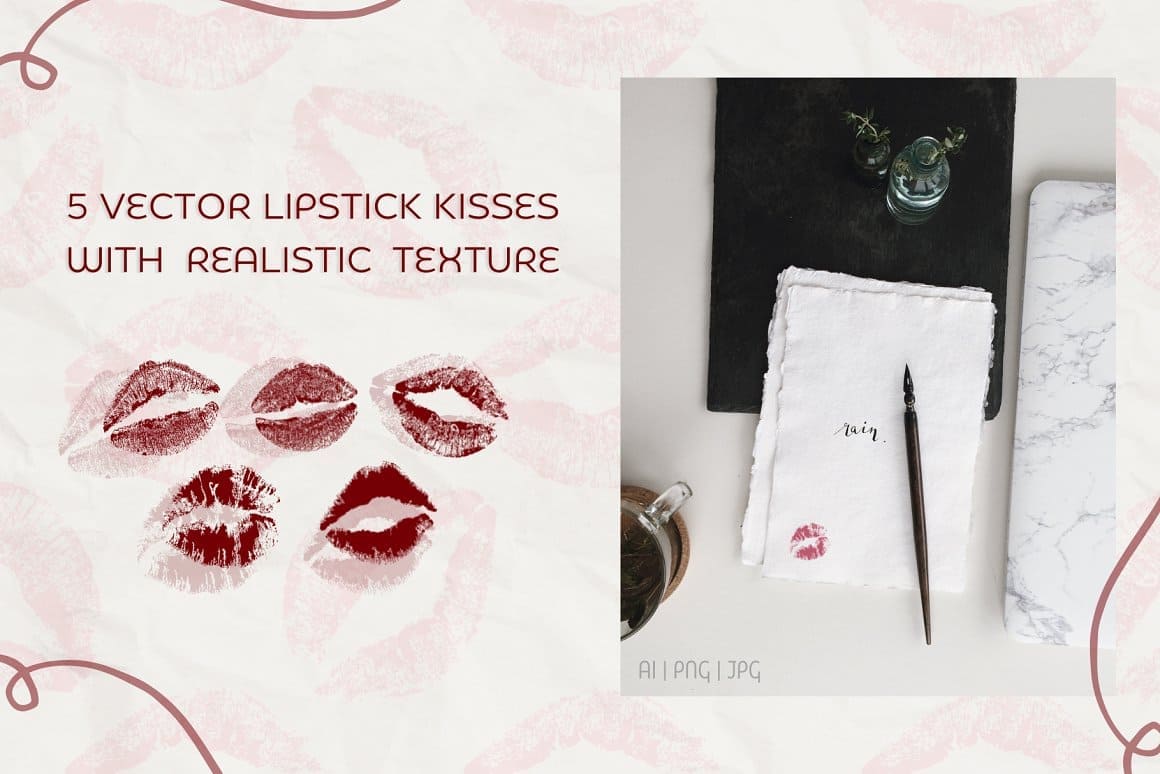 Inscription: "5 vector lipstick kisses with realistic texture".