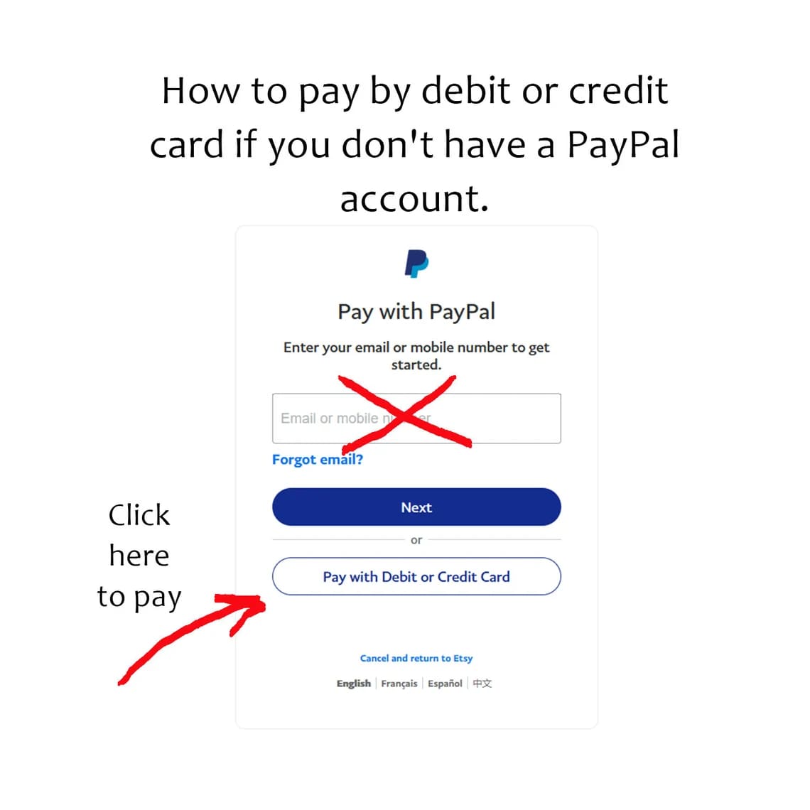 Inscription "How to pay bydebit or credit card if you don't have a PayPal account".