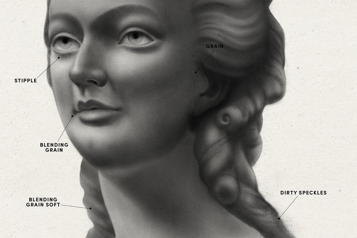 Carbon shaders - creating brushes, previewing the work of brushes on the sculpture of a female face.