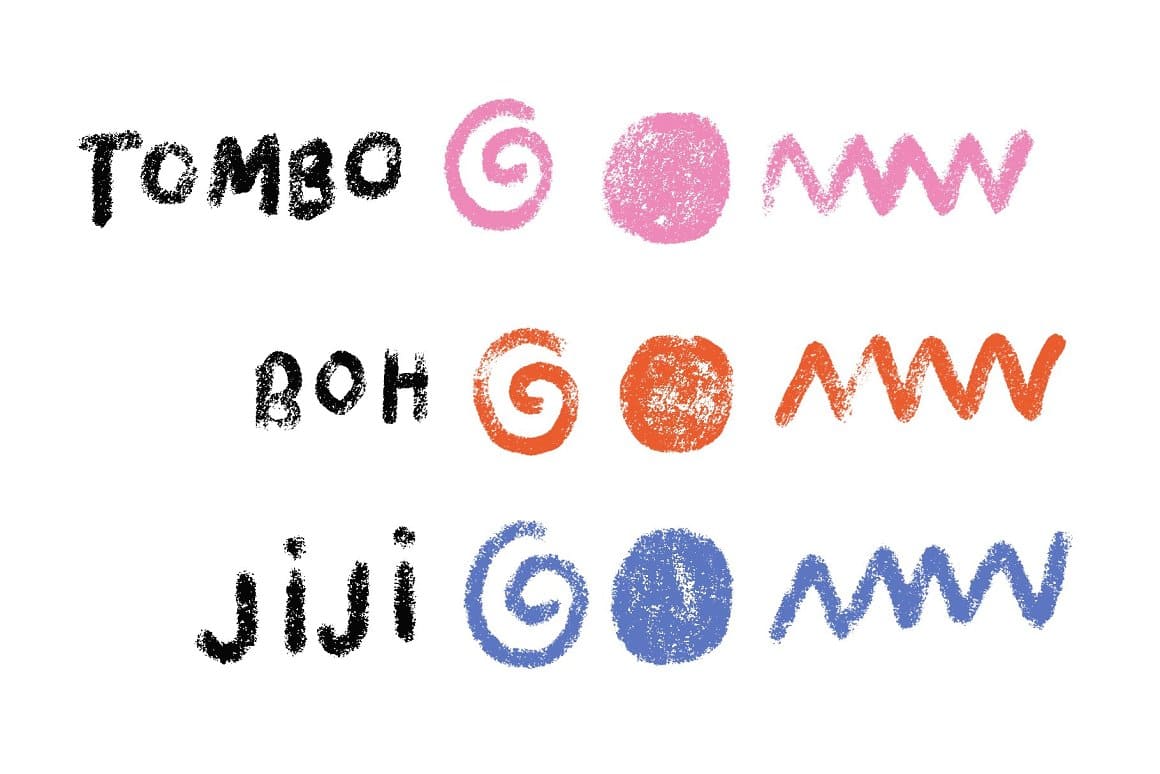 Three colors of brushes: Tombo, Boh, Jiji.