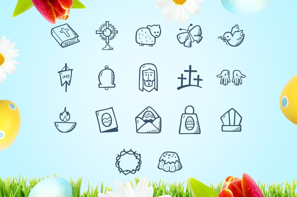 Easter symbols are depicted on a blue background.