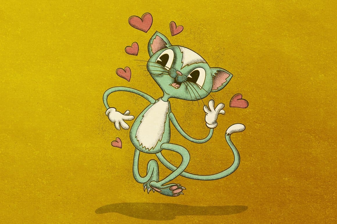 Brush drawing of a cat in love on a yellow color.