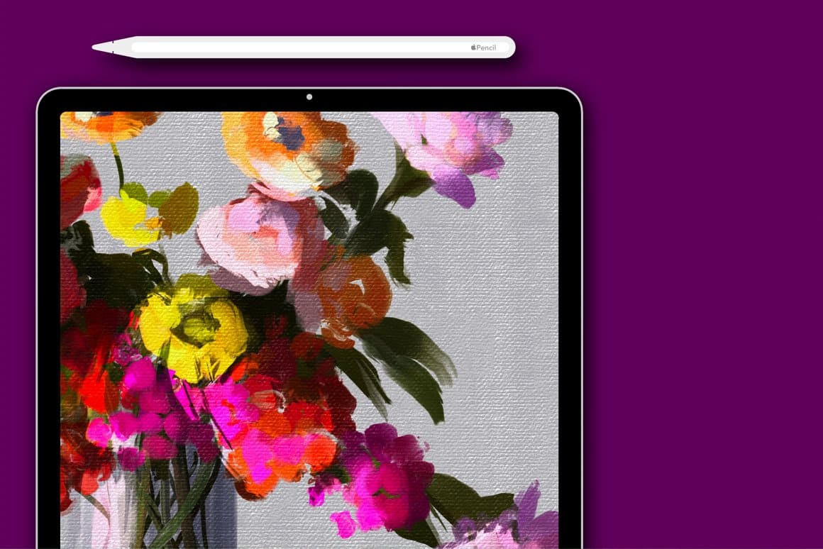 An image of an oil painting of flowers on a white canvas on a tablet screen.