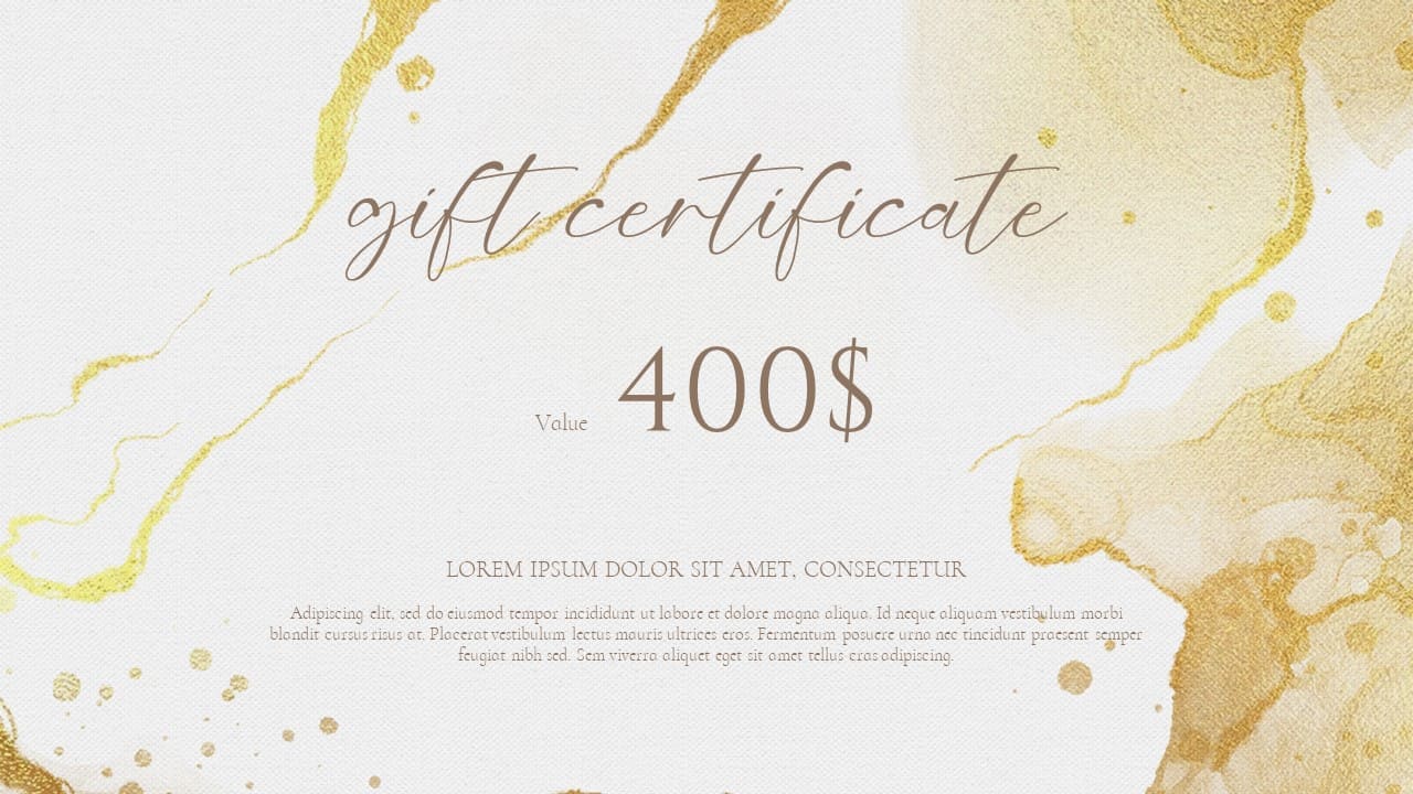 Powerpoint gift yellow certificate 400$ template picture 1280x720, slide 3.