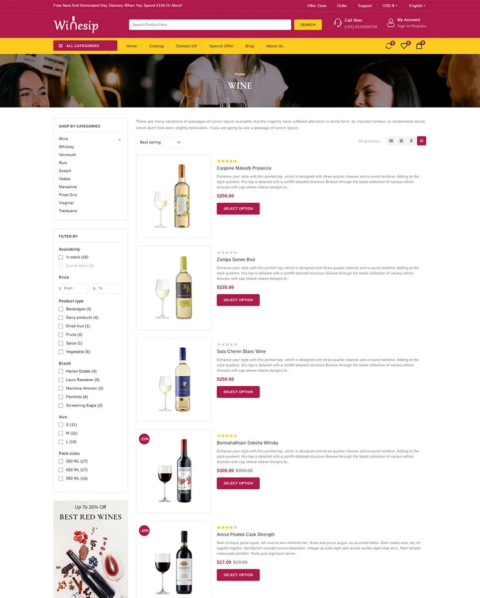 5 types of wine on the home page of the Winesip website catalog.