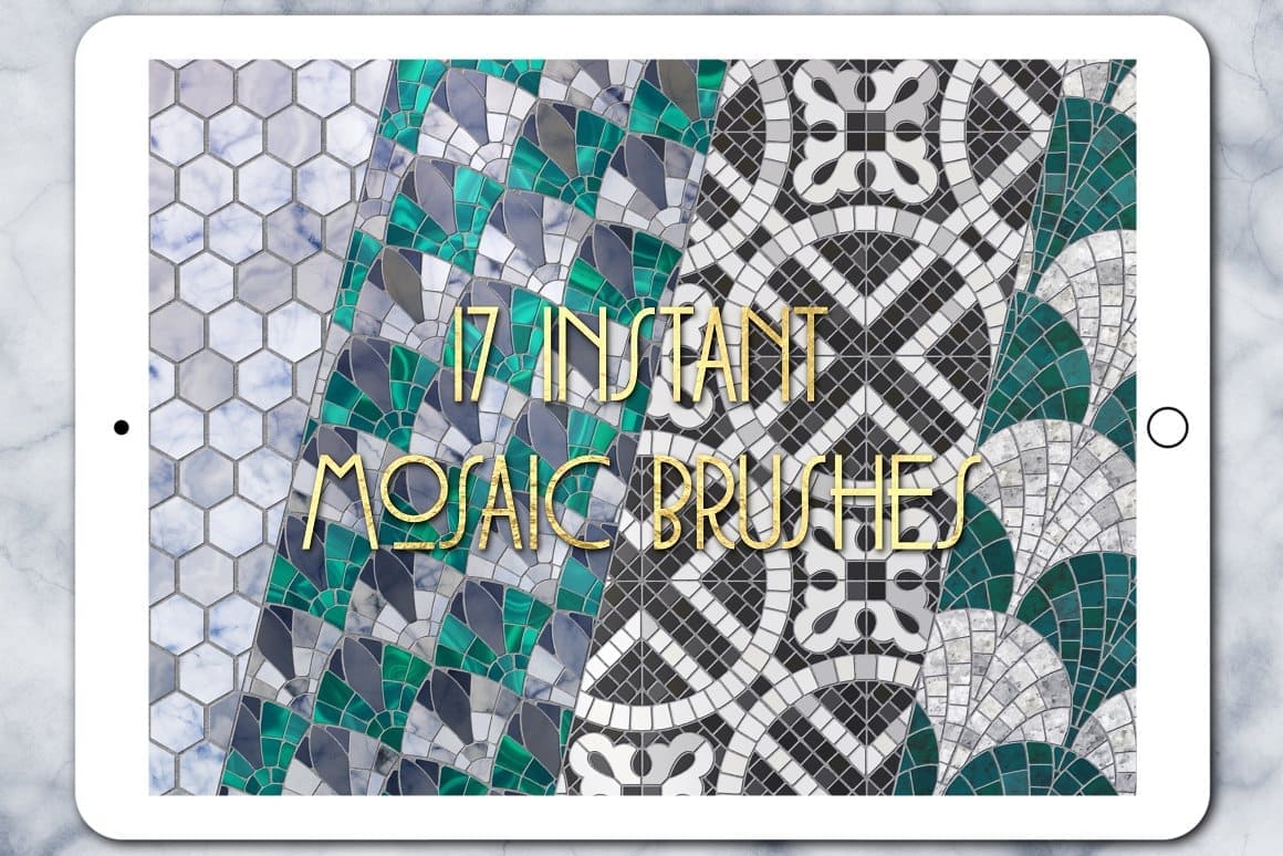 On the Ipad screen: 17 Instant Mosaic Brushes on green and grey colors.