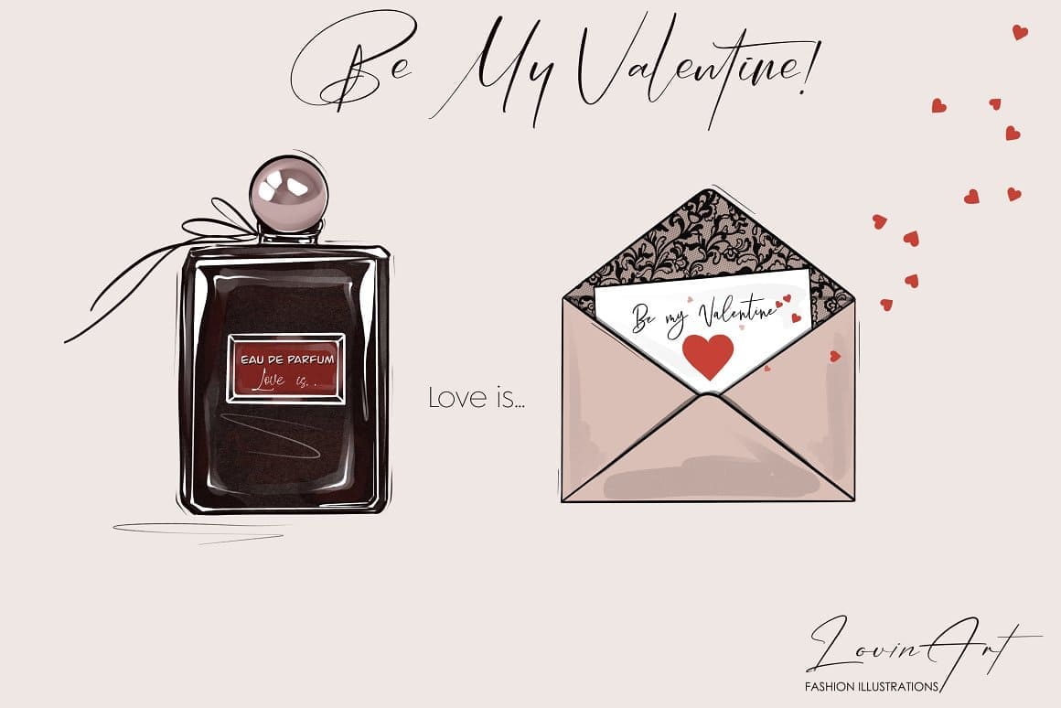 Be my Valentine, gifts: "Eau de toilette, white card with a heart in a beautiful envelope."