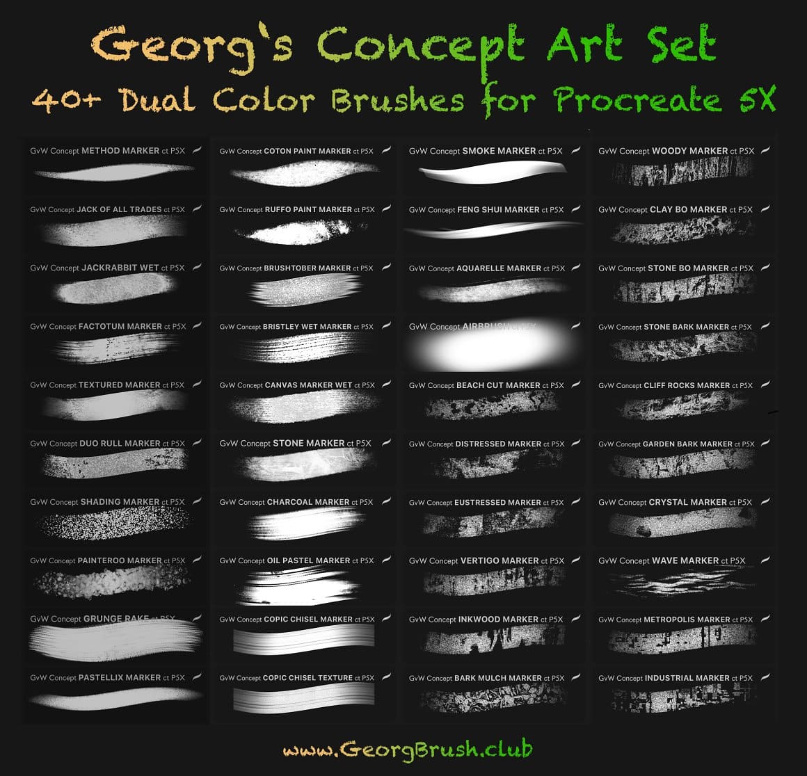 Georg's Concept Art Set, 40+ Dual Color Brushes for Procreate 5X.