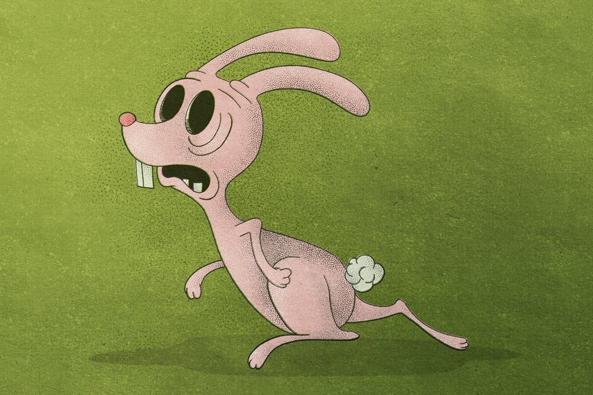 Brush drawing of a running rabbit without eyes on a green background.