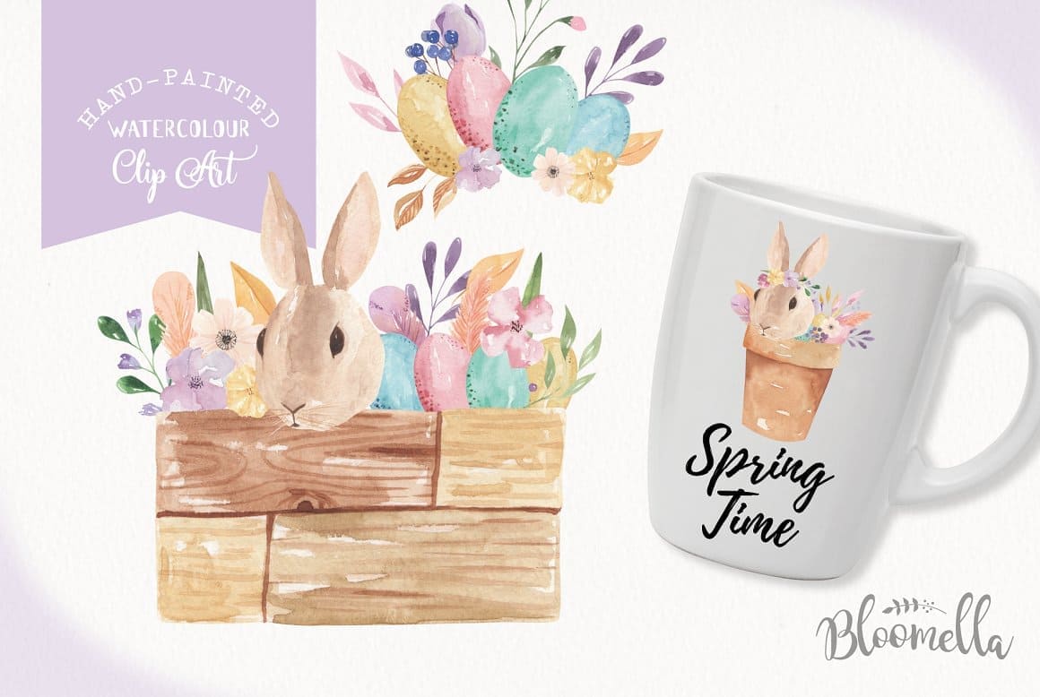 Rabbit in a composition of flowers and eggs for Easter, print on a cup.