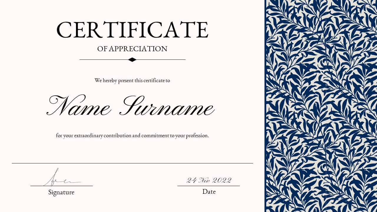 White certificate of appreciation with blue branches on the right side.