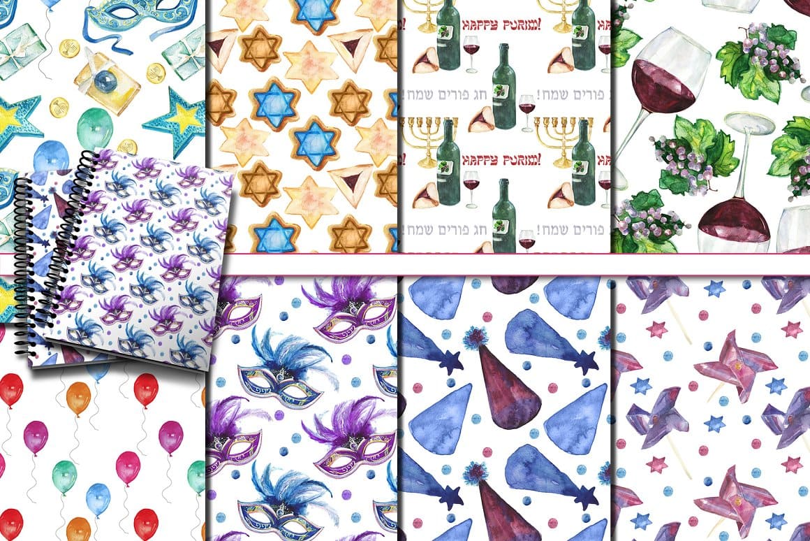 Several patterns with elements of festive items for the day of Purim.