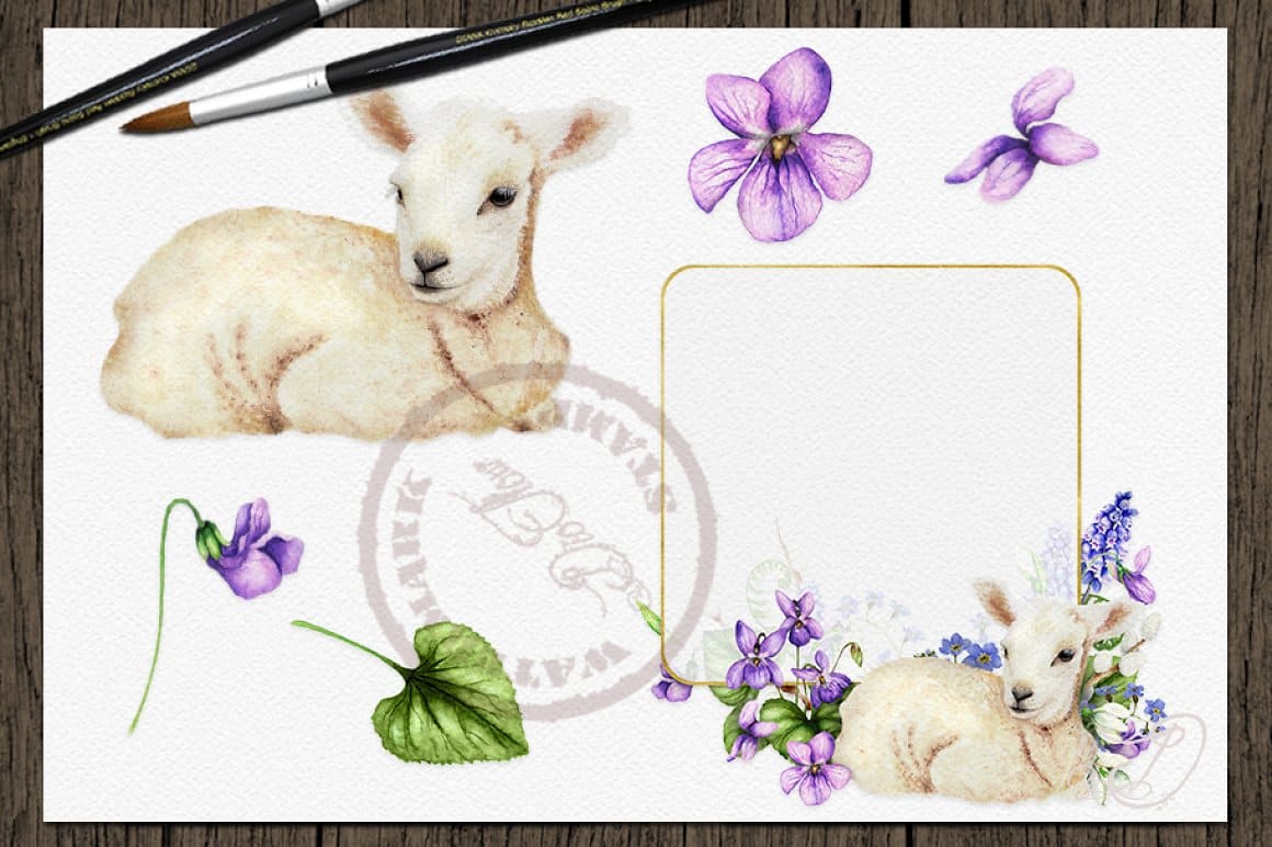 Watercolor drawing of two Easter lambs and spring flowers.