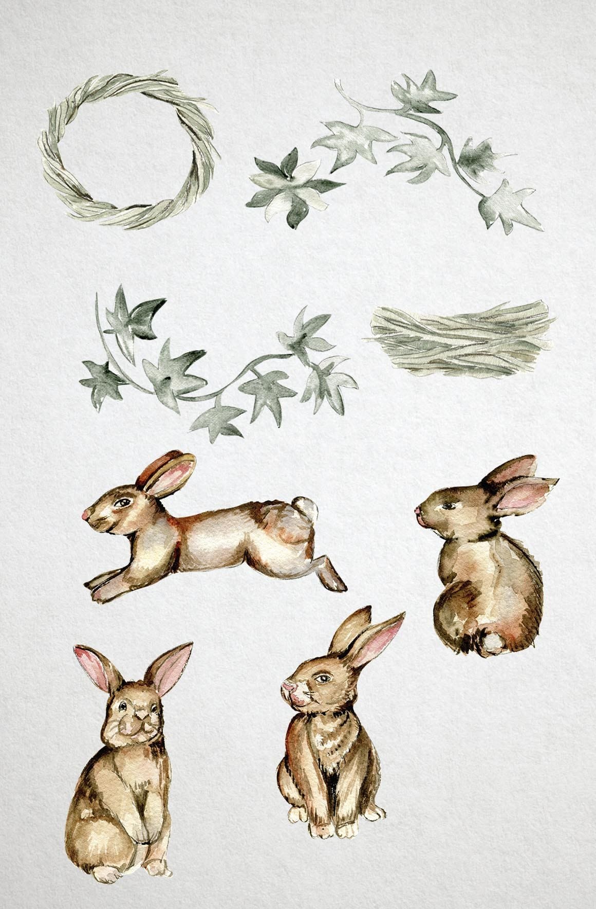 Watercolor drawings of hares in motion.