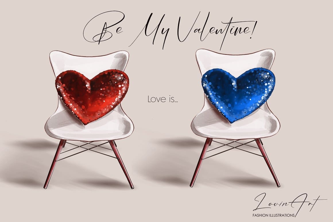 Be my Valentine, two white armchairs with red and blue hearts.