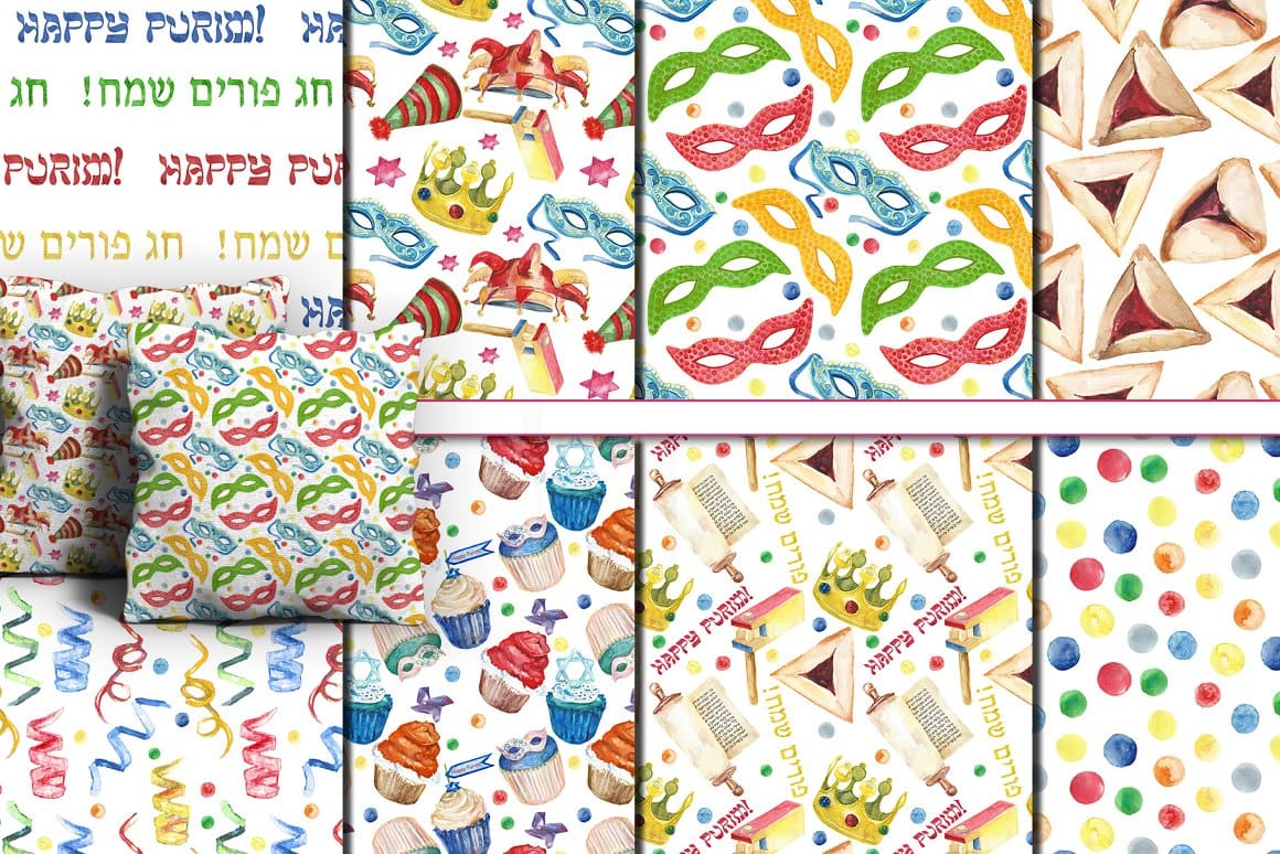 Patterns for the day of Purim are drawn on the pillows.