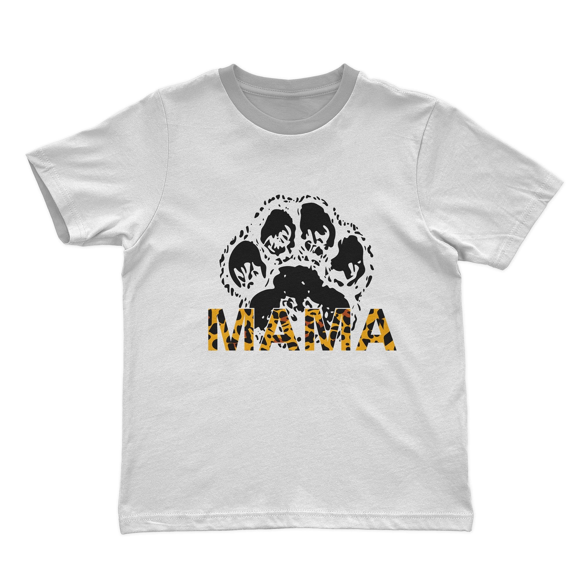 Logo of a black paw of a leopard mother on a white T-shirt.