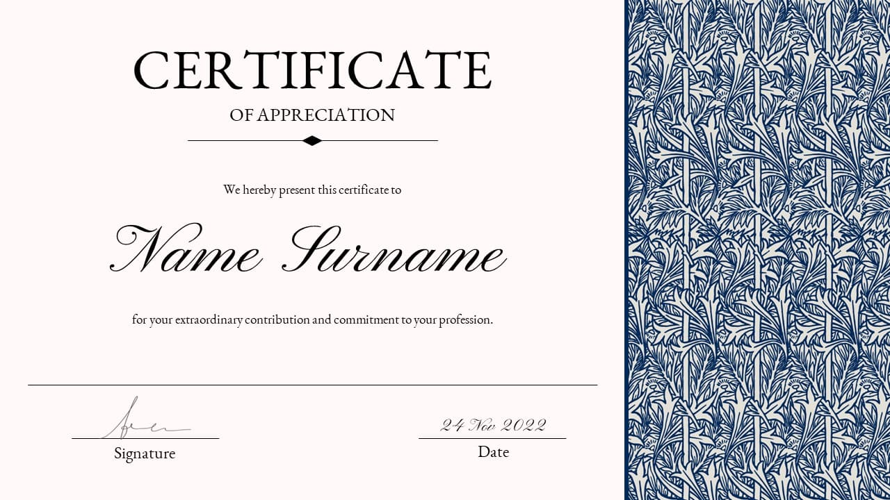 White certificate of appreciation with blue flowers.