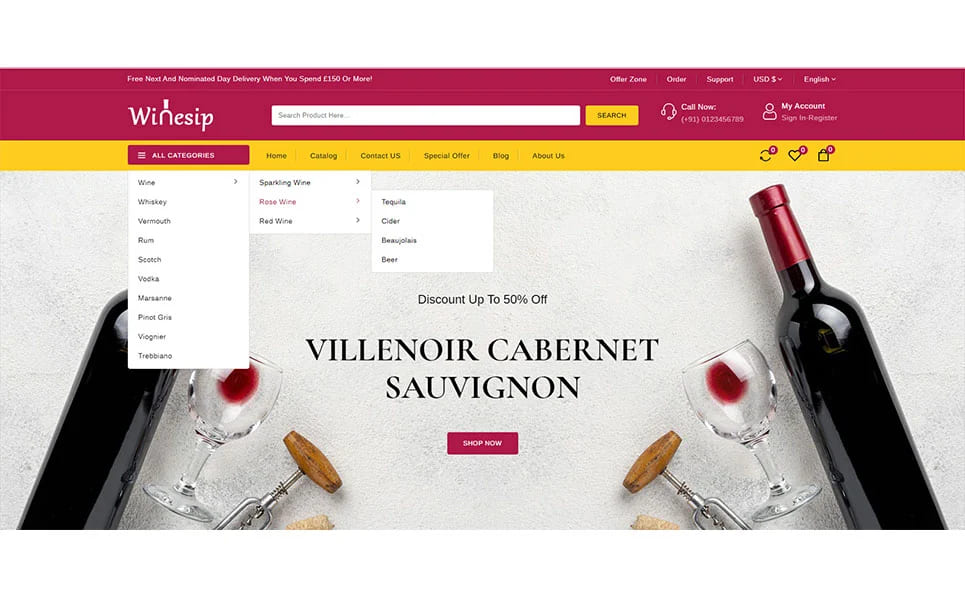 A large banner about a 50% discount on the main page of the wine shop on the Winesip website.
