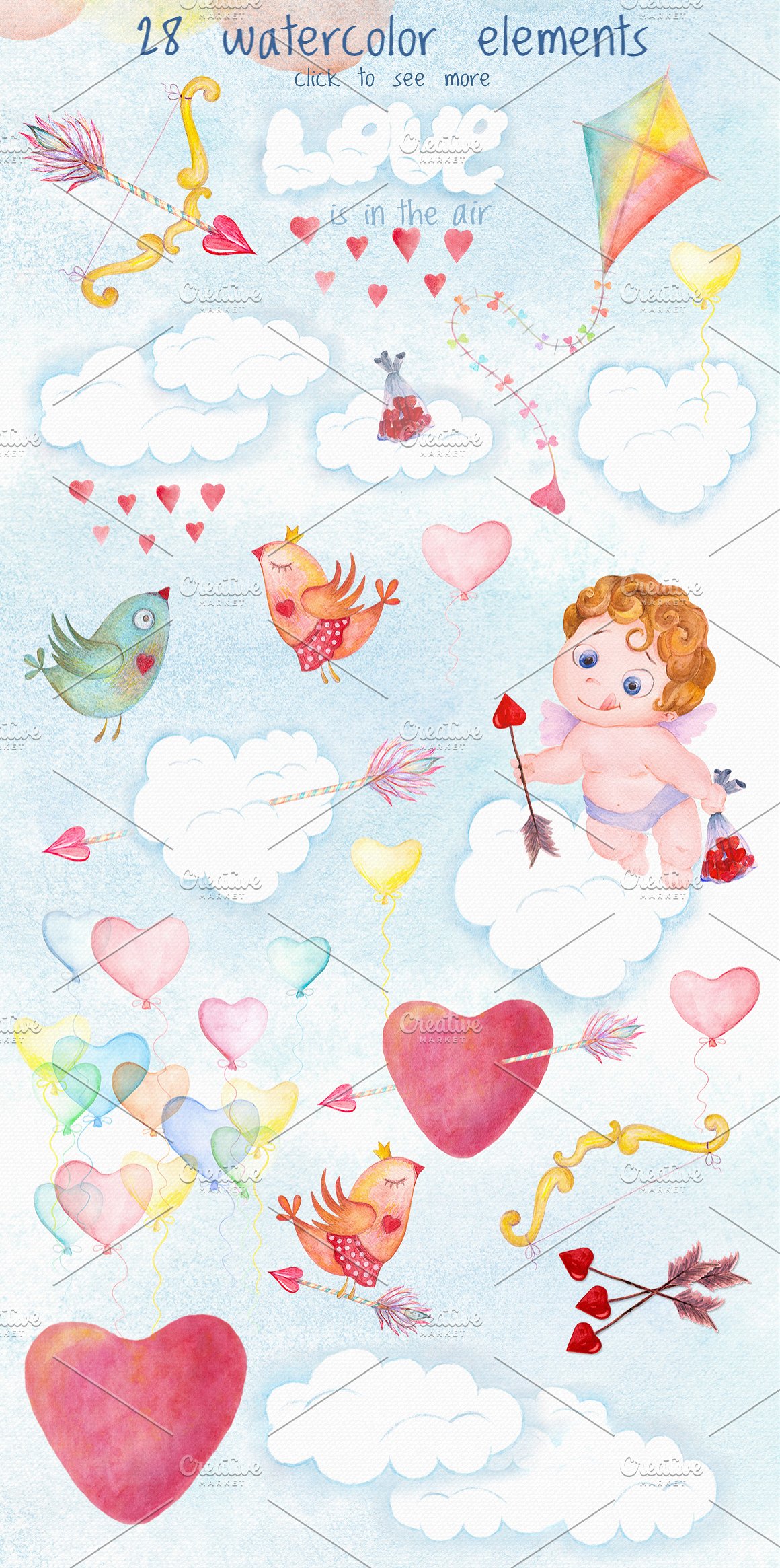 Cupid on clouds with arrows.