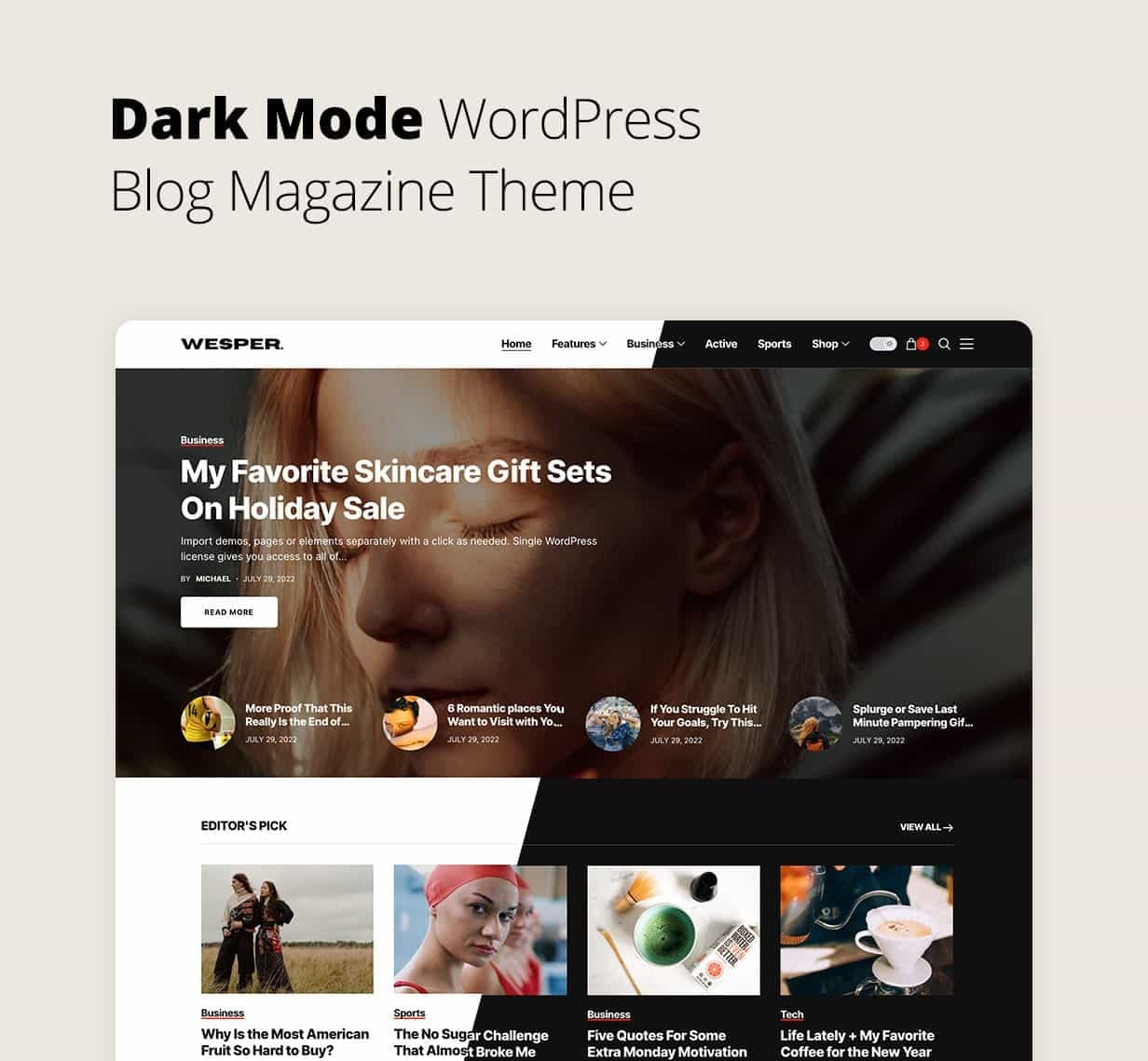 Dark mode wordpress blog magazine theme.