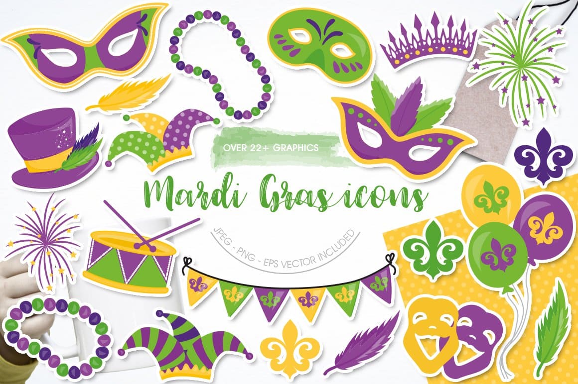 Carnival masks, fireworks, festive flags for Mardi Gras celebration.