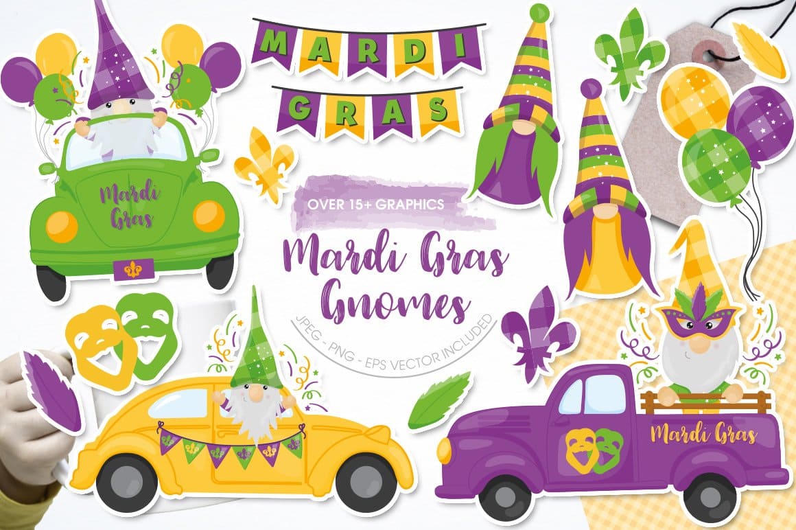 Green, yellow, purple cars with Mardi Gras Gnomes.