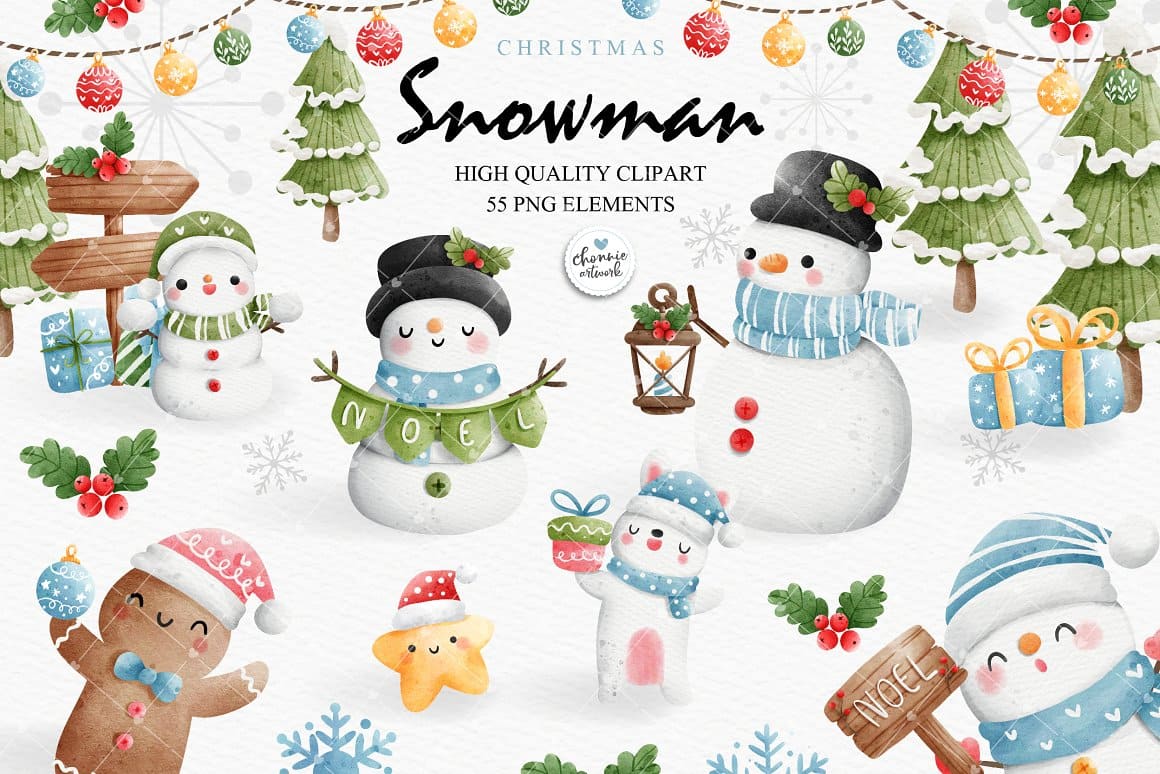 Charming Christmas snowmen decorated with warm scarves are depicted in Christmas clipart.