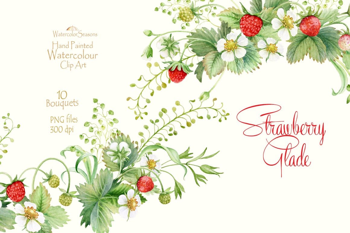 Forest Strawberries Berries Watercolor Clipart, Floral Print.