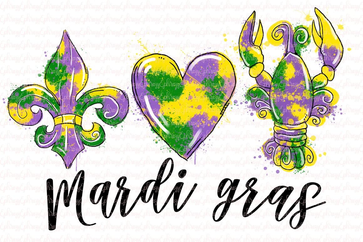 An image of a crayfish, heart and figurine in Mardi Gras colors.