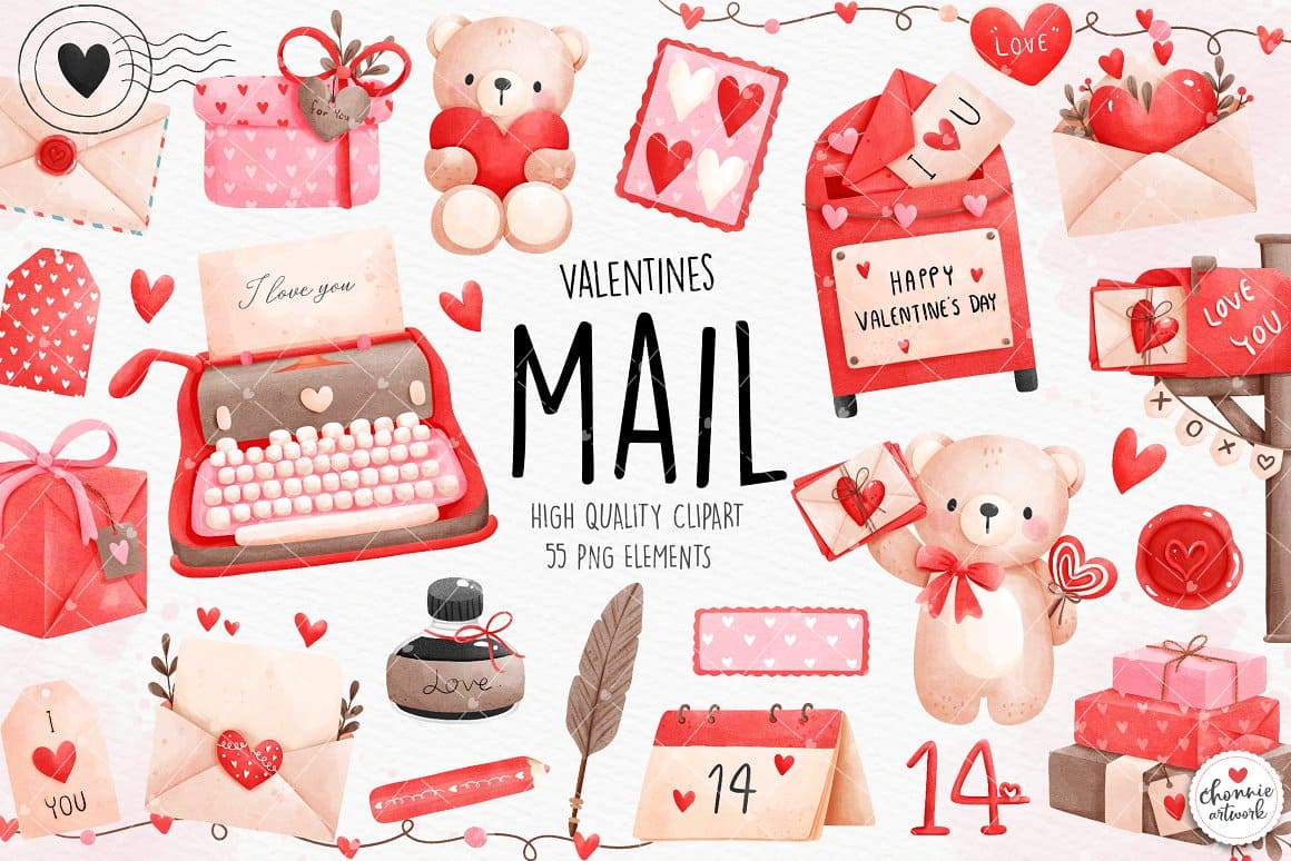 55 PNG elementsof Valentines Mail.