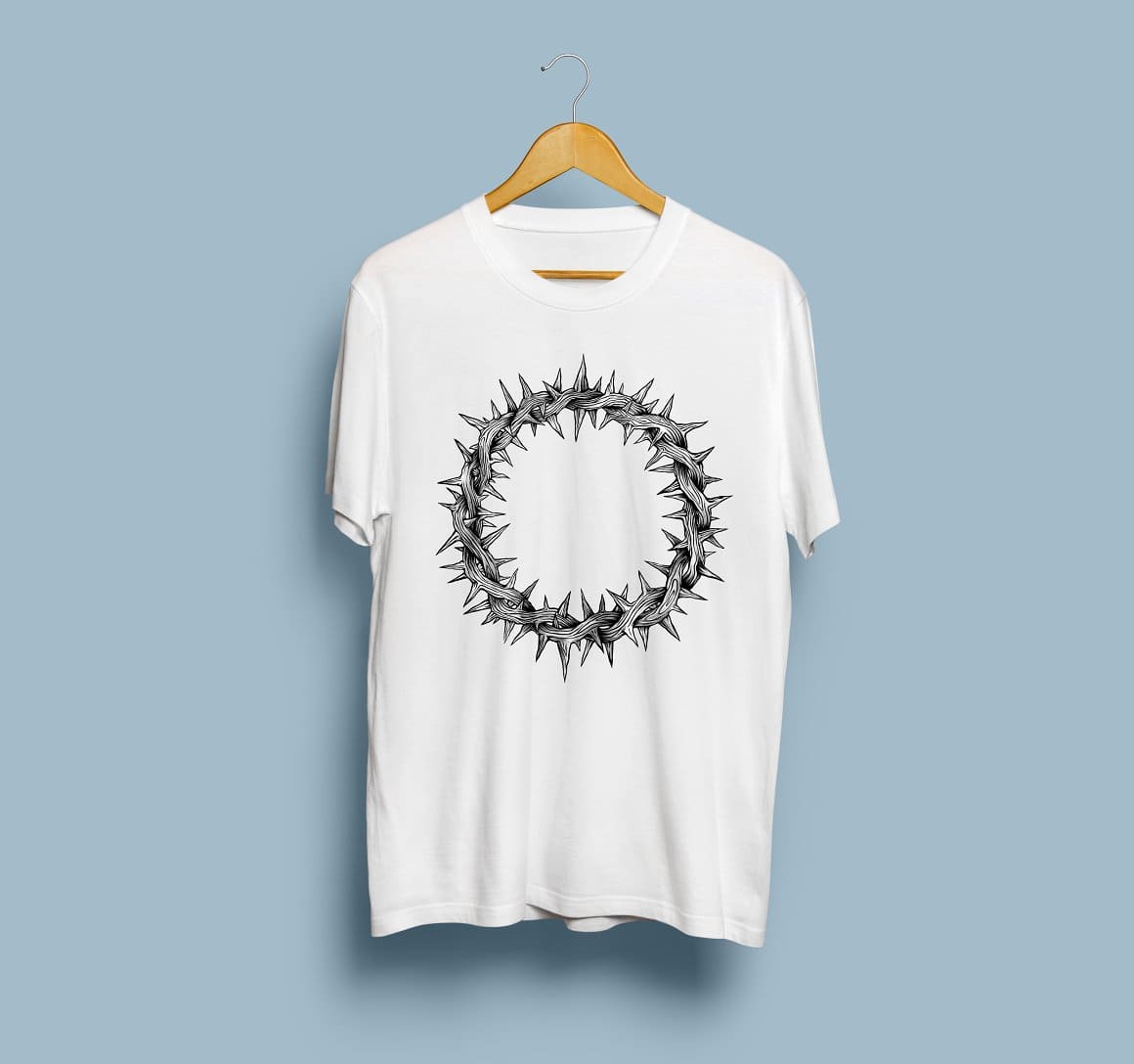 A crown of thorns is depicted on a white men's T-shirt.